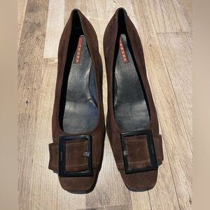 Prada Women's Dark Brown Suede Loafers with Buckle